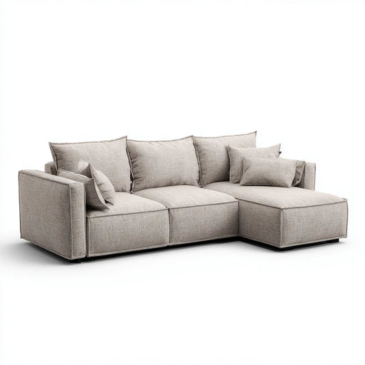 Sofa, narożna sofa 3-fotelik jasnoszary z pokrywą z poliestru szezlongiem, 280 x 170 x 85 cm
