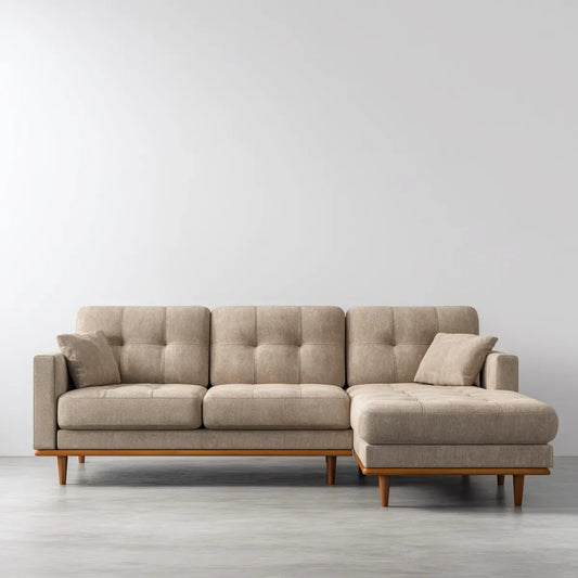 Sofa, 3-osobowa kanapa narożna z rekamierem z prawej beżowej 270 x 160 x 85 cm poliester