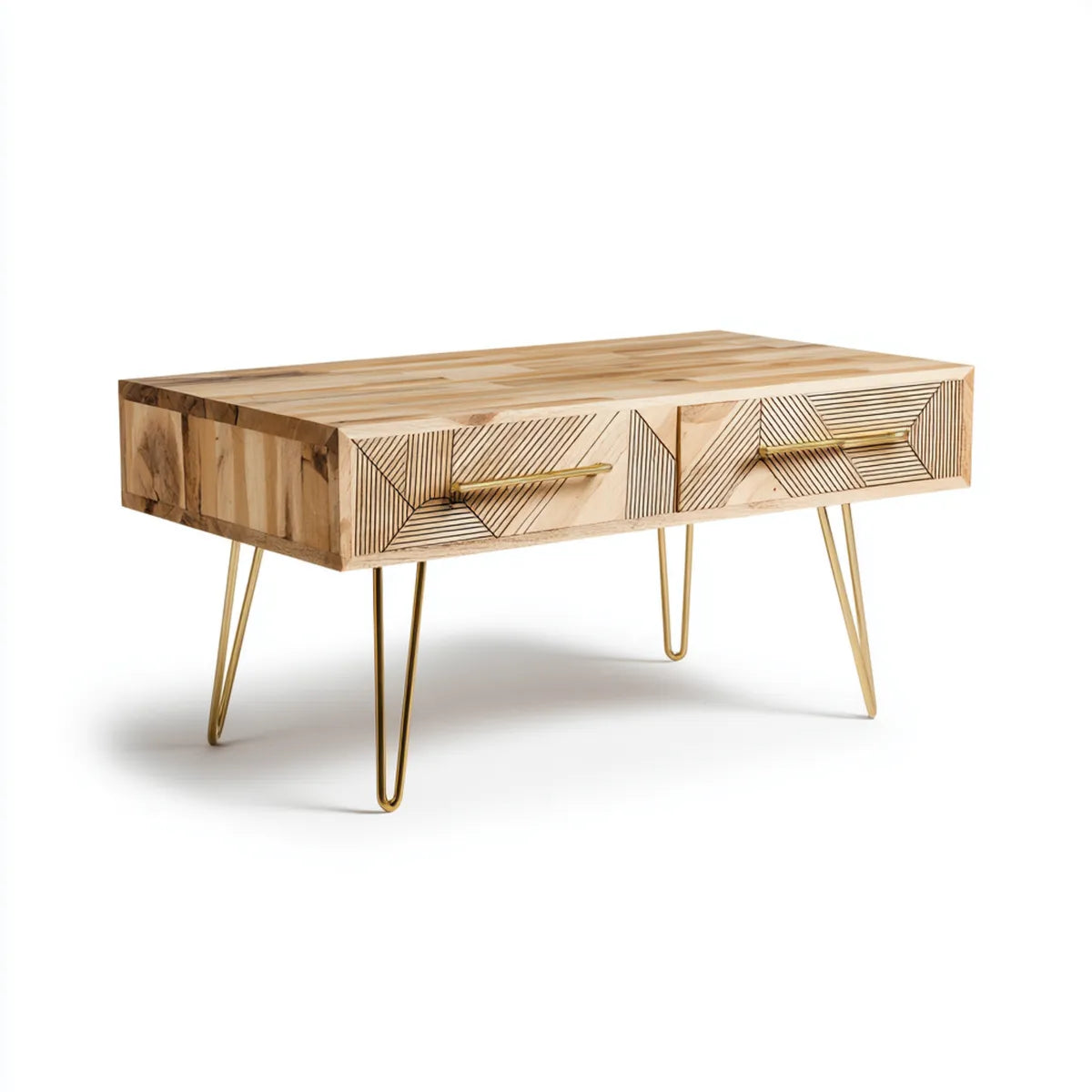 Stolik kawowy, Naturalny prostokątny stolik do kawy 110 x 60 x 45 cm w litym drewnie mango z 2 szufladami